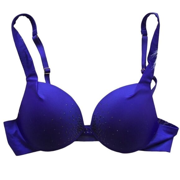 VICTORIAS SECRET- Plunge Satin Midnight Blue W/ Rhinestones Padded Bra, Size 34D - Picture 1 of 12